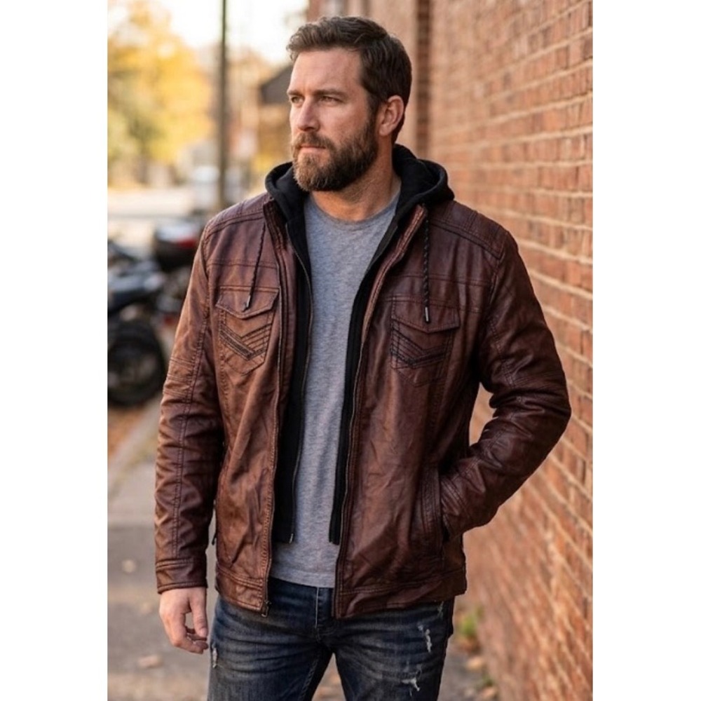 Buckle Black Mens Faux Leather Hooded Jacket Brown XL Full Zip Moto Biker